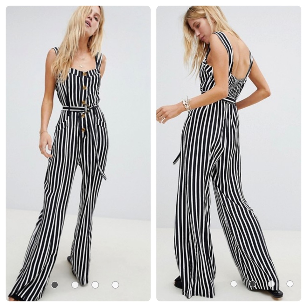 Free People City Girl Striped Belted Jumpsuit Black White XS 0 NWT